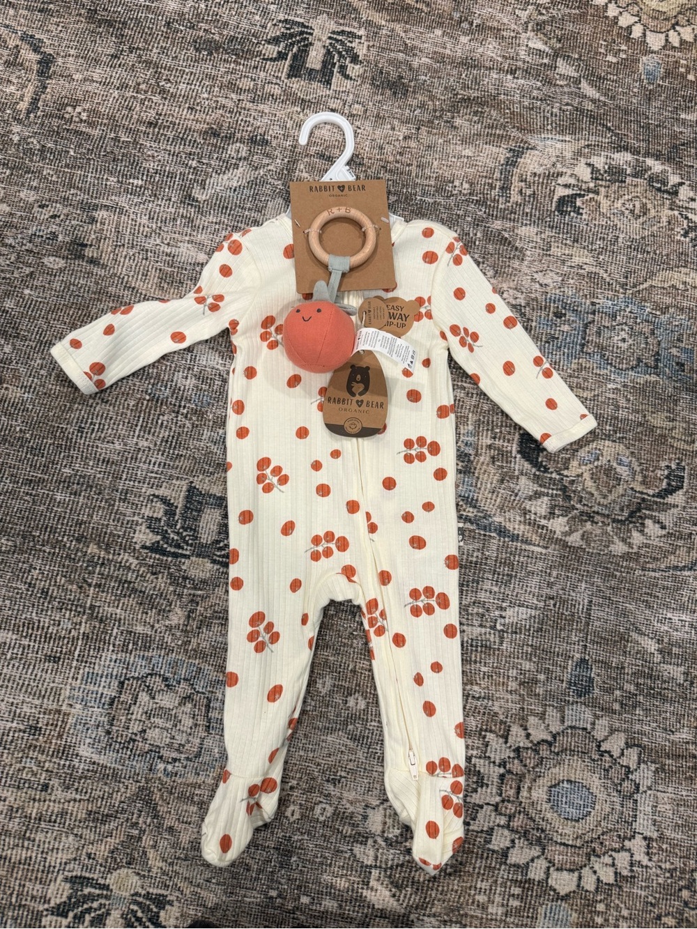 Rabbit and Bear Organics- Cream Ribbed Footed One-Piece with Tomato Print